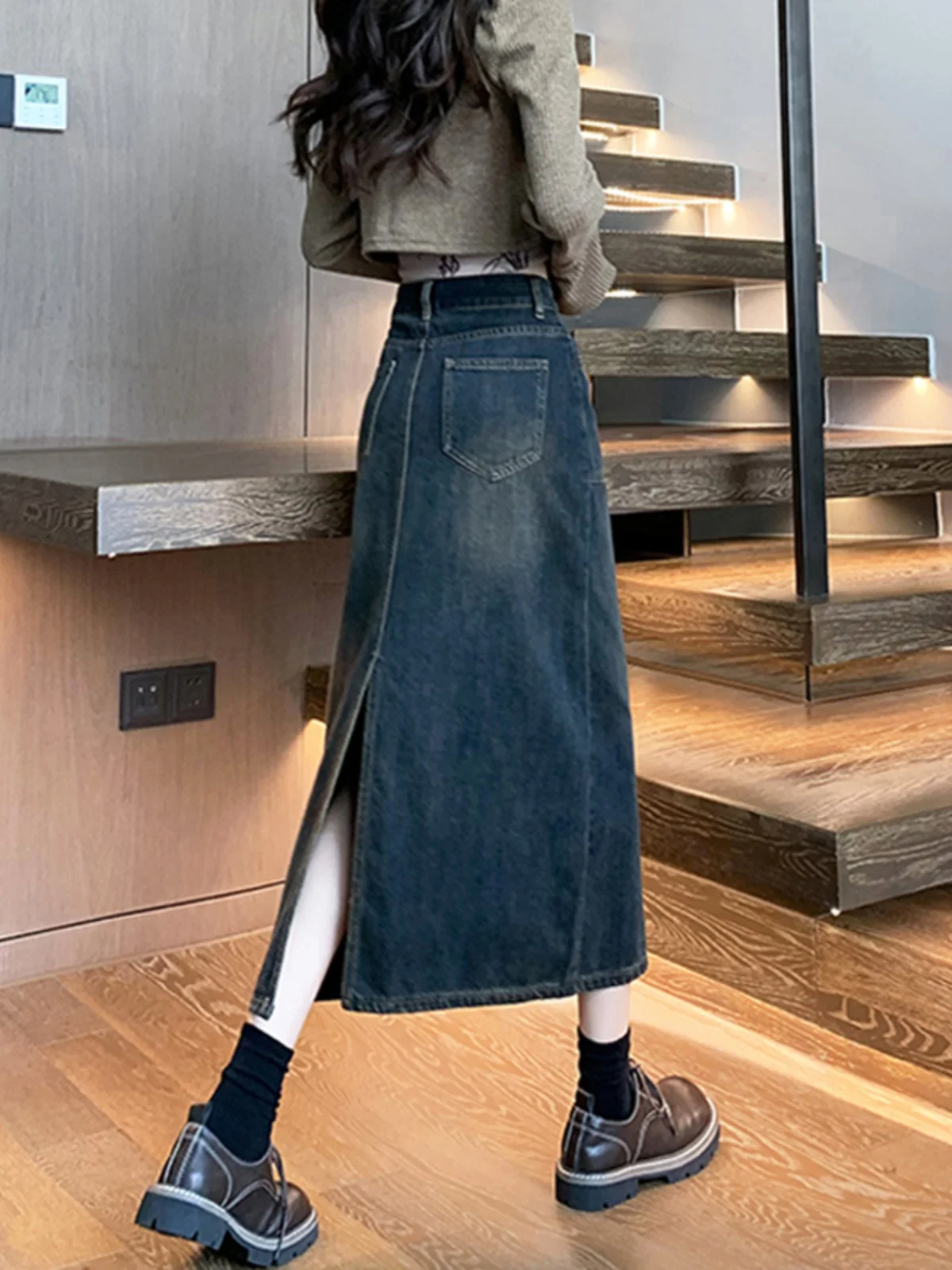 

Retro High Waist A-Line Denim Midi Skirt Women Spring Autumn New Style Small Size Slit Long Skirt Bodycon Skirt
