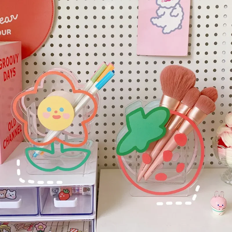 Kawaii Cartoon Acrylic Pen Holder Desktop Organizer INS Transparent Bunny Bear Tiger Office Stationery Cosmetics Storage Box