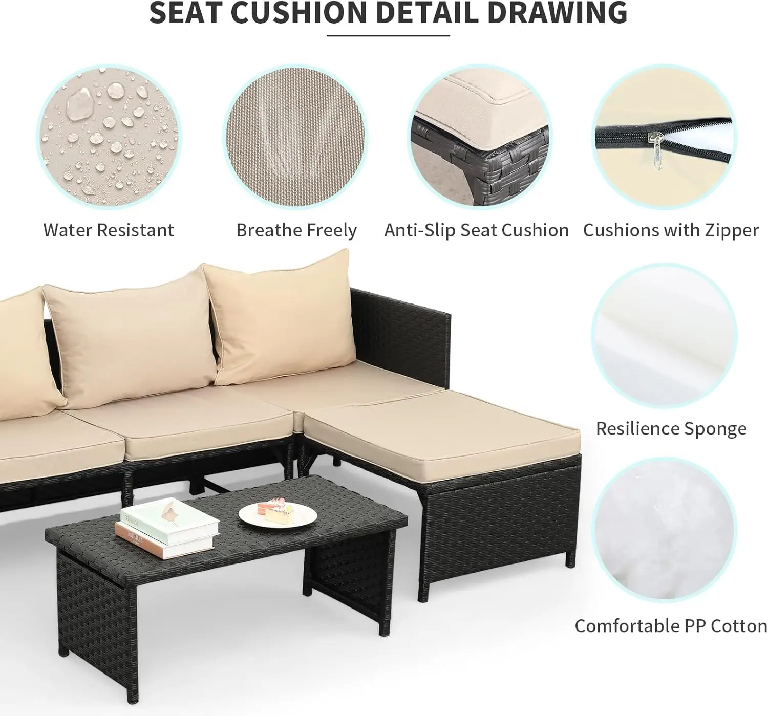 Outdoor PE Rattan Móveis Set, Pátio Wicker Conversação Loveseat, sofá secional, 3 Pcs