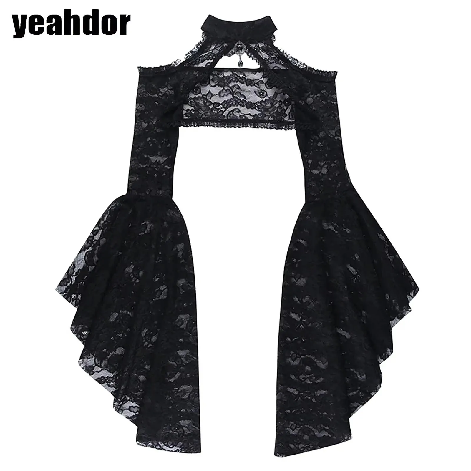 

Women Gothic See-Through Lace Shrug Punk Bolero Cold Shoulder Flared Sleeve Shawls Crop Top Masquerade Evening Dresses Cardigans