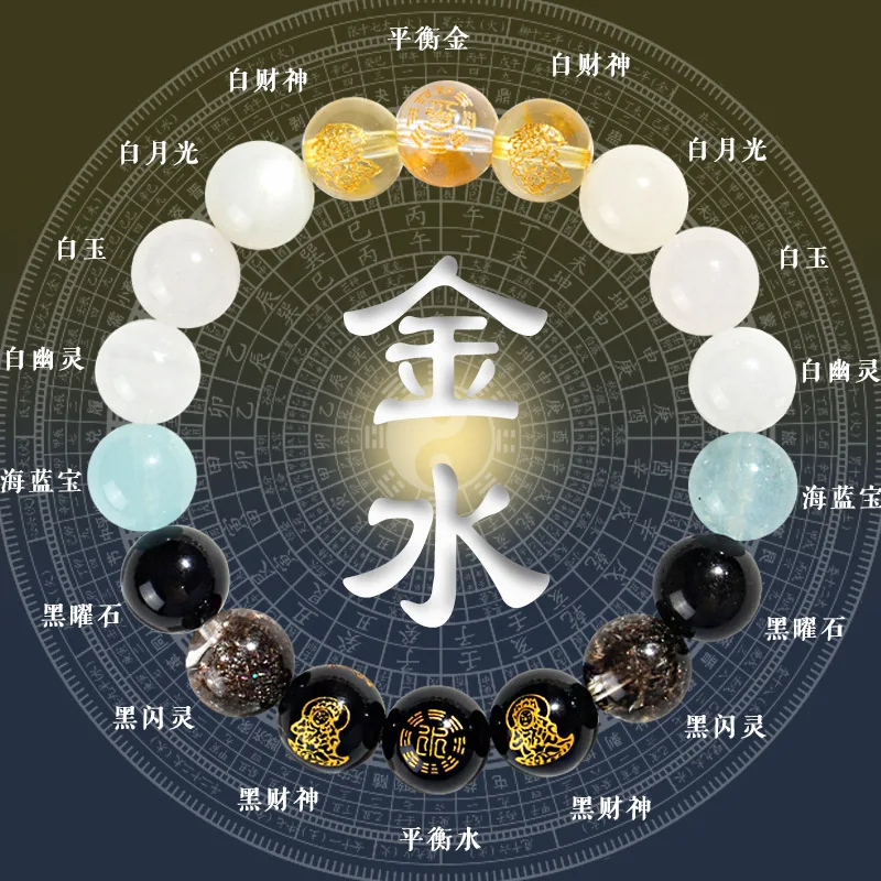 Five-Element Inspired Bracelet for Men Women, Crystal Beaded Bracelet with Yellow Wealth God Charm, Chinese Style Jewelry Gift