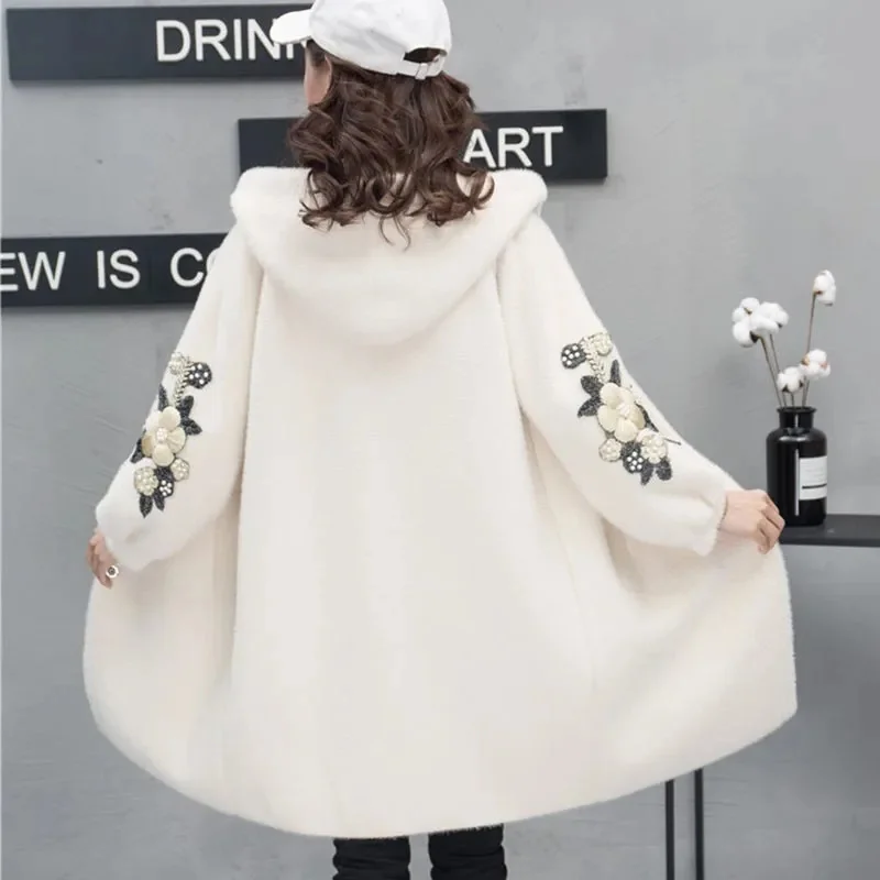 Thickened Autumn and Winter New Imitation Mink fur Coat Women\'s Medium Long Embroidered Knitted Cardigan Hooded Mink fur Coat WS