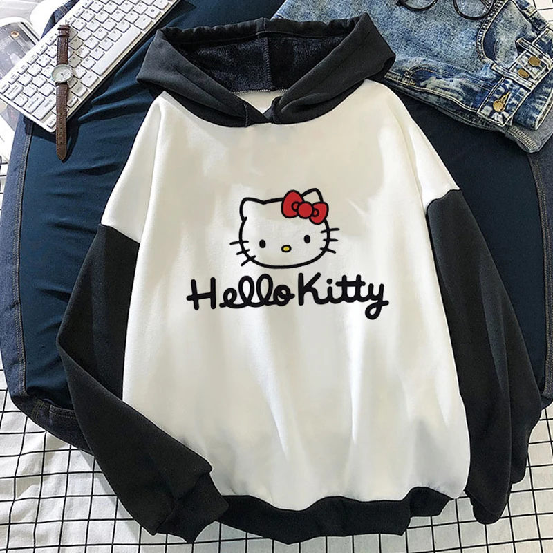 

Casual Women's Sweatshirts Hello Kitty Kawaii Tops 2024 New Women Cute Hoodies Fashion Harajuku Pullover Long Sleeves PlusSize