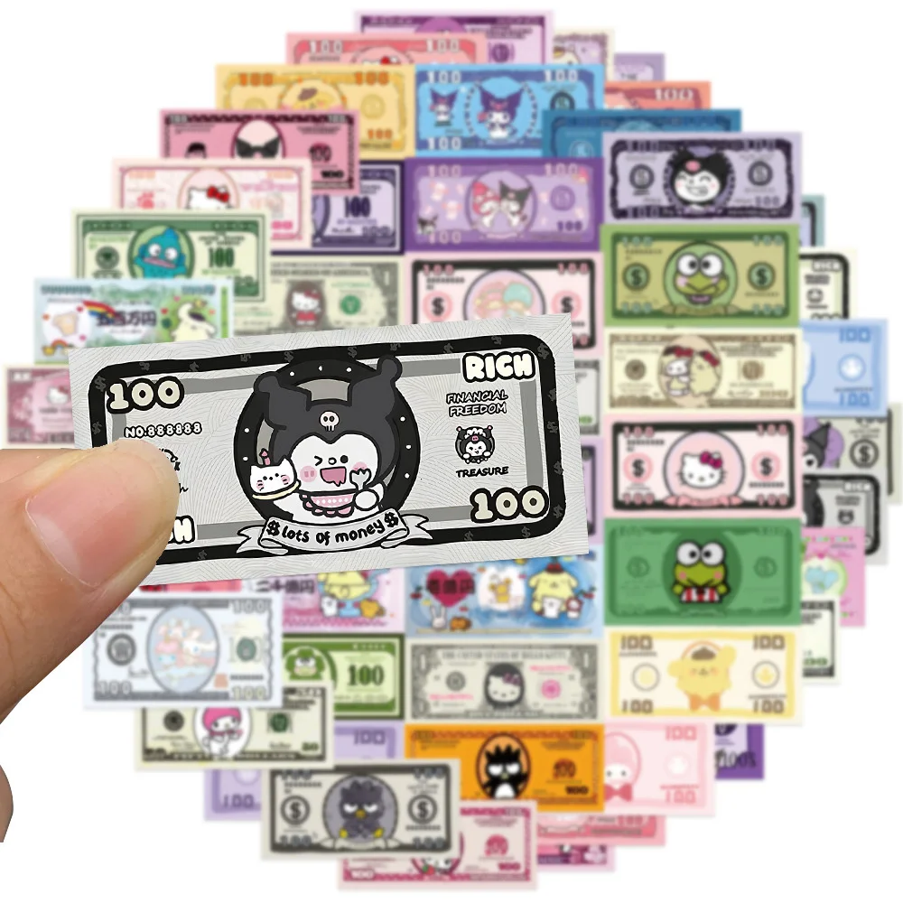 10/30/50pcs Cute Sanrio Cartoon Decoration Stickers Kawaii Money Style Kuromi Hello Kitty Cinnamoroll Anime Sticker for Kids Toy