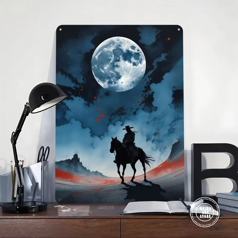 Cowboy on Horseback Under Full Moon Metal Poster Decorative Home Objects Customizable Metal Tin Signs for Wall Art Decoration