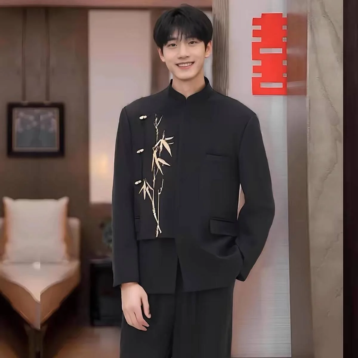 

New Chinese Sle Men's Jaet Bamboo Le Embroidery Stand Collar Spring Autumn Faion Casual Long Sve Single Button