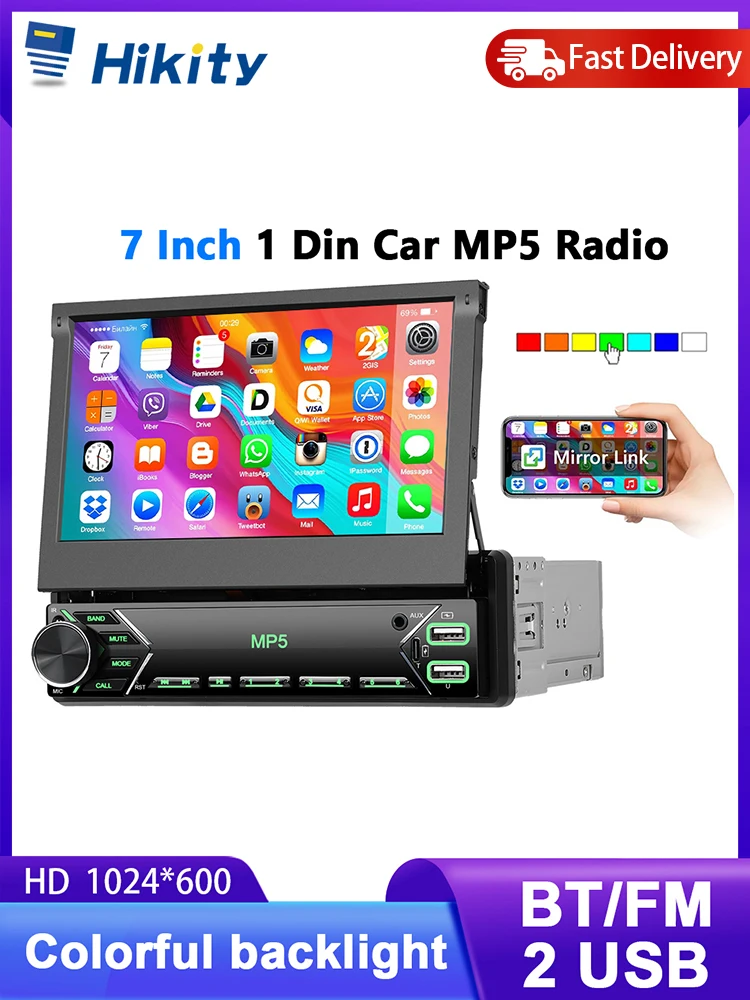 Hikity 7 inch 1Din intrekbare MP5-speler touchscreen spiegelverbinding autoradio BT USB FM-radio universele auto smart multimedia - afbeelding 2
