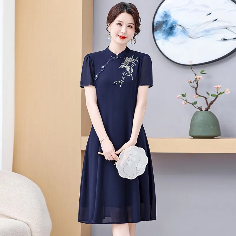 Summer Chinese Style Chiffon Qipao Short Sleeve Elegant Dress Women Clothes Fashion Embroidered A-line Robe