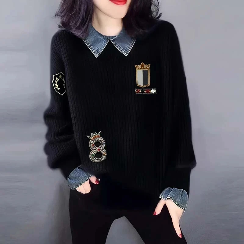 

American Sle Loose Knitted Sweater with Denim Collar Fake Two-Piece Design Spring Autumn New Women's Faion High-End Feeling