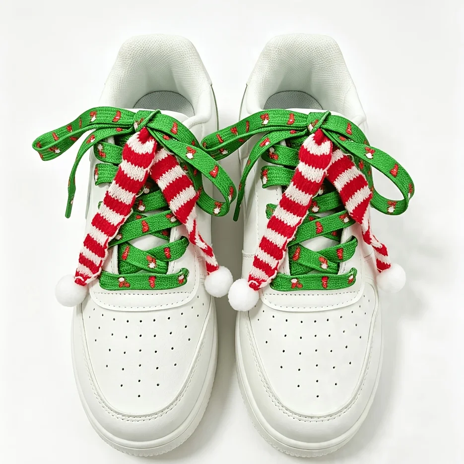 120CM Christmas Green Shoelace, Red Stripe Tassel Ornament, Cute Winter Holiday Shoe Decor for Women Girls Party