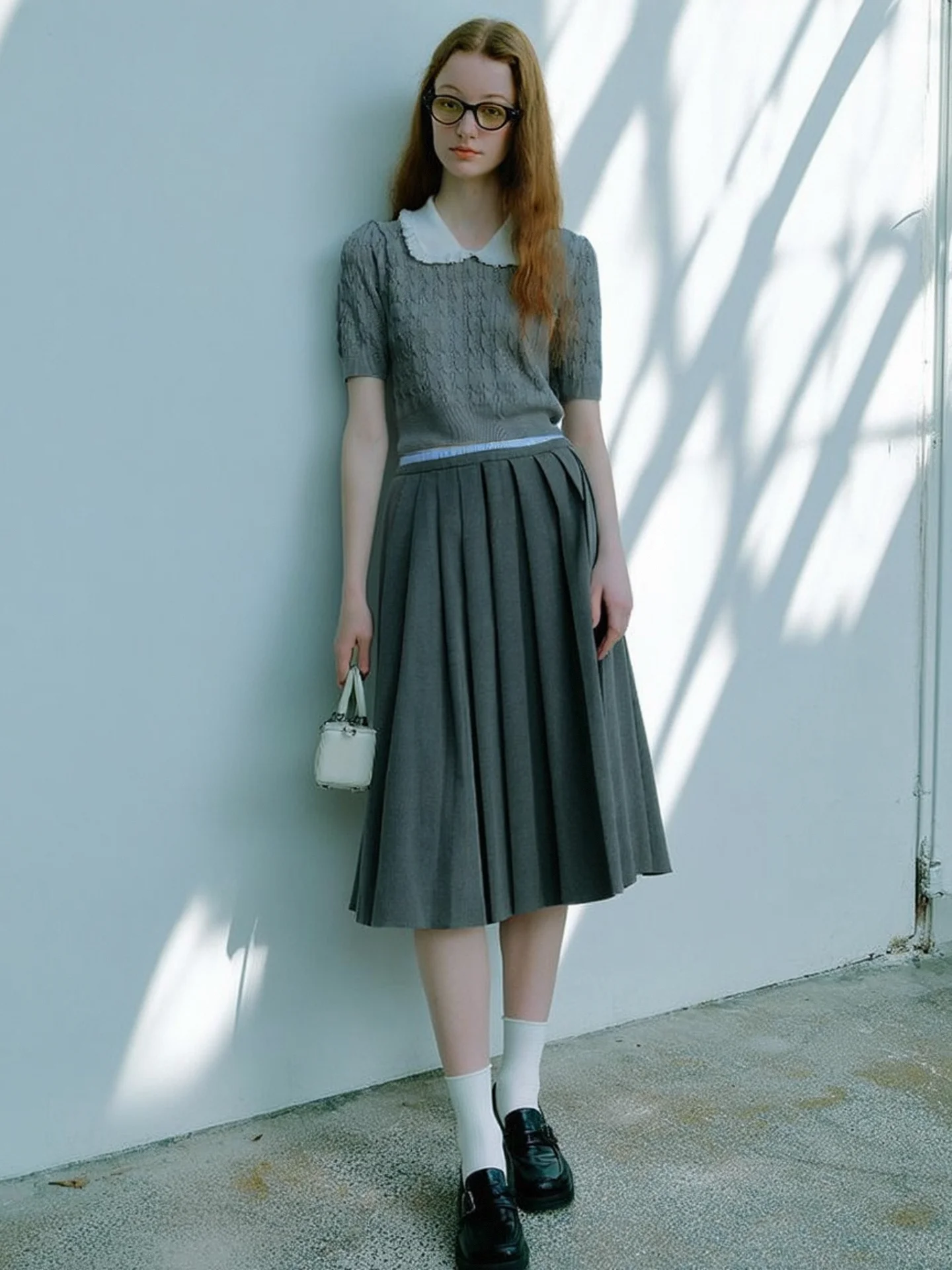 

HUAAPPUW College Style Color Block Double Waist Midi Skirt Grey Anti-Aging Polyester Blend High Waist Pleated Skirt