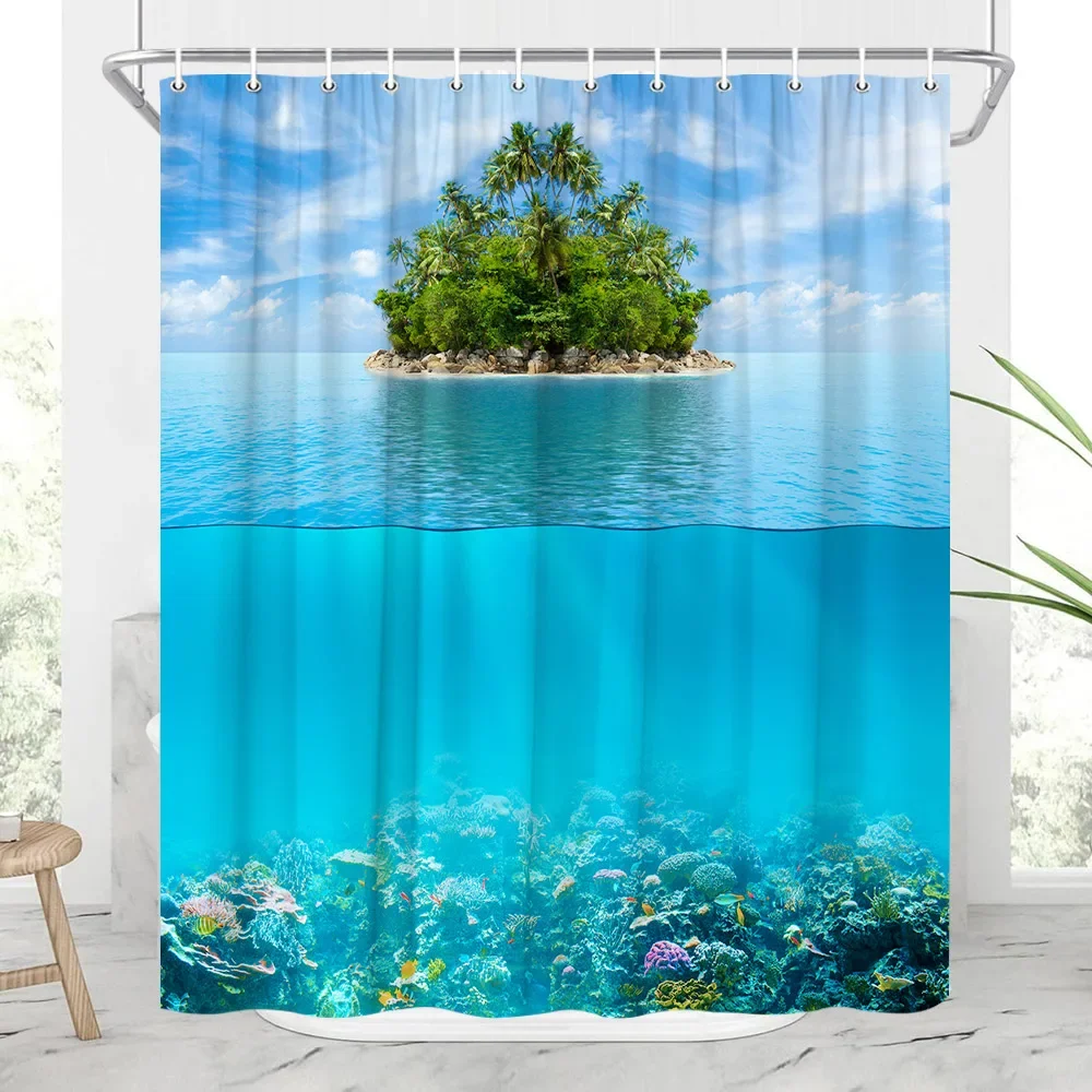 Seaside Landscape Outdoor Shower Curtain Ocean Beach Tropical Plants Nature Landscape Faux Window Hanging Curtain Bathroom Decor