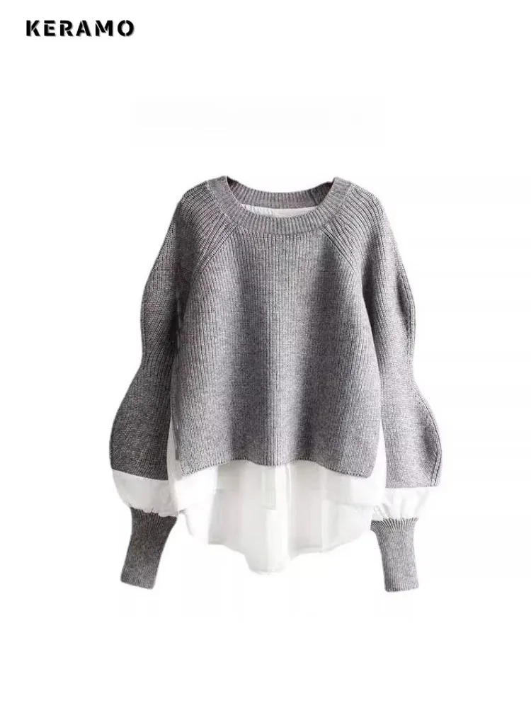 

Korean Fashion Casual Y2K Knitting Round Neck Long Sleeve Pullovers 2025 Winter Women's Chic Patchwork Warm Grey Sweater