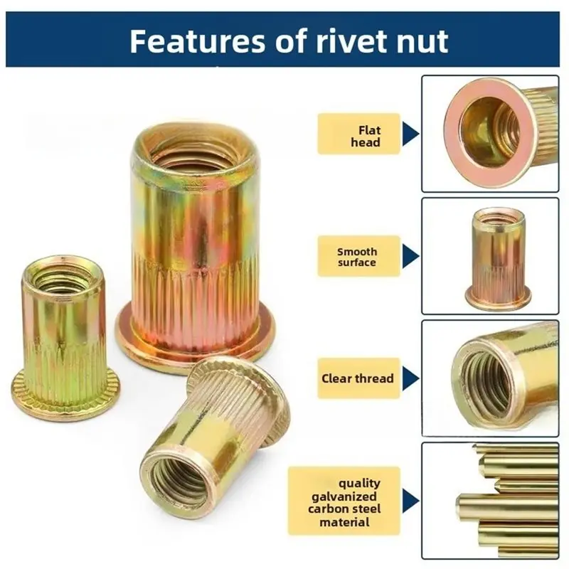 AB41-Carbon Steel Rivet Nut Assortment Kit-Flat Head Knurled Inserts In M3-M10 Sizes(175PCS), Includes Storage Box