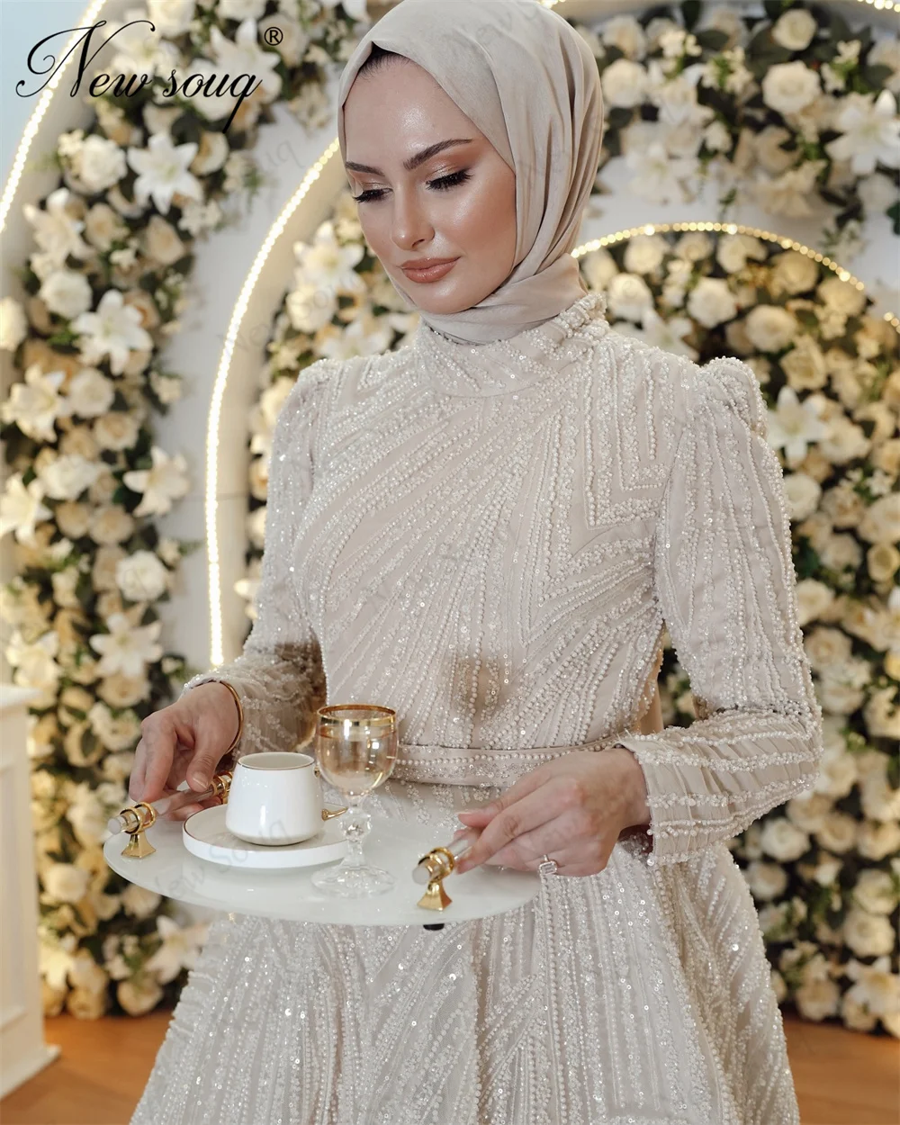 Vestido de noite muçulmano com lantejoulas e mangas compridas, vestido de noite elegante com hijab, comprimento do tornozelo, vestido de baile, 2020