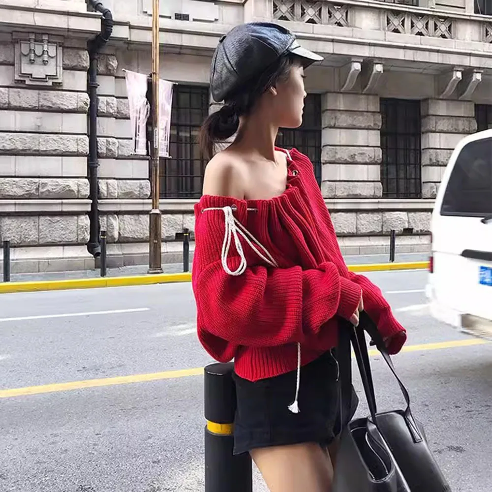Корейские осенние свитера с открытыми плечами, женские пуловеры с длинными рукавами и шнурком, 2024, шикарные свободные вязаные топы с вырезом на шее