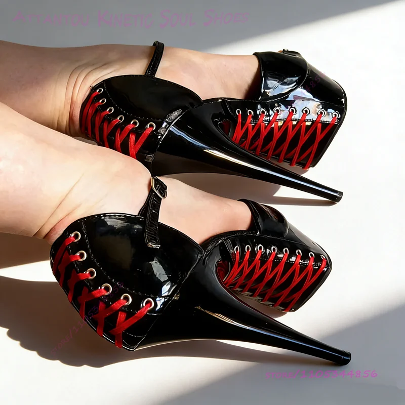 

Red Leather Criss Cross Strap Pump Sandals For Pole Dance 17/20cm Women S Black Patent Leather Platform Heels Sexy Buckle Shoes