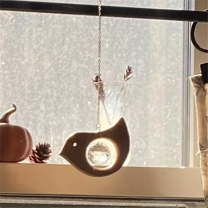 Vintage Wooden Bird Wind Chime With Crystal Prism, Hanging Light Catcher, Suitable For Garden, Patio, And Window Decoration