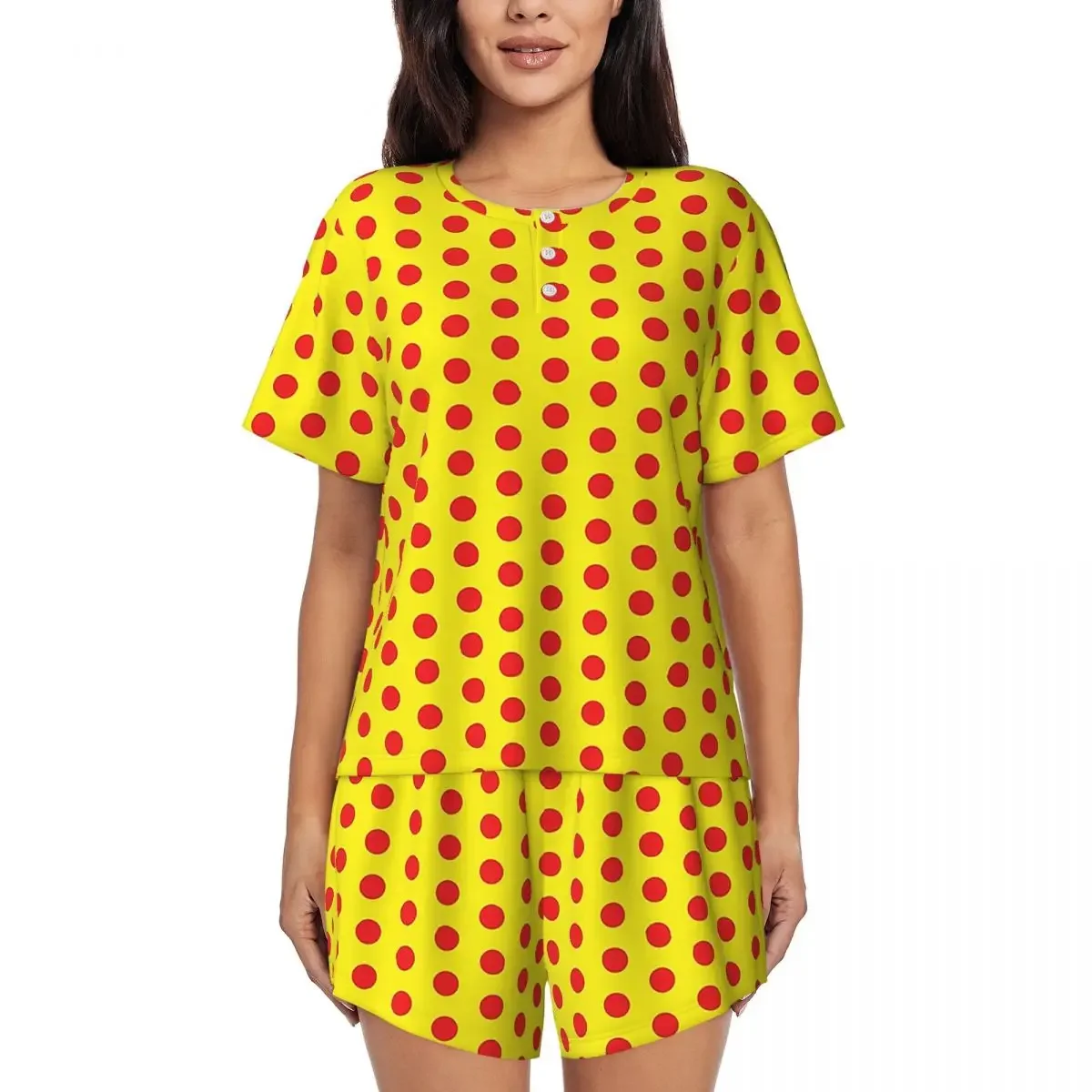 

Classic Red And Yellow Polka Dot Pattern Round Neck Short Sleeve Nightgowns for Sleeping Women Loose Pajama Set Short Pants