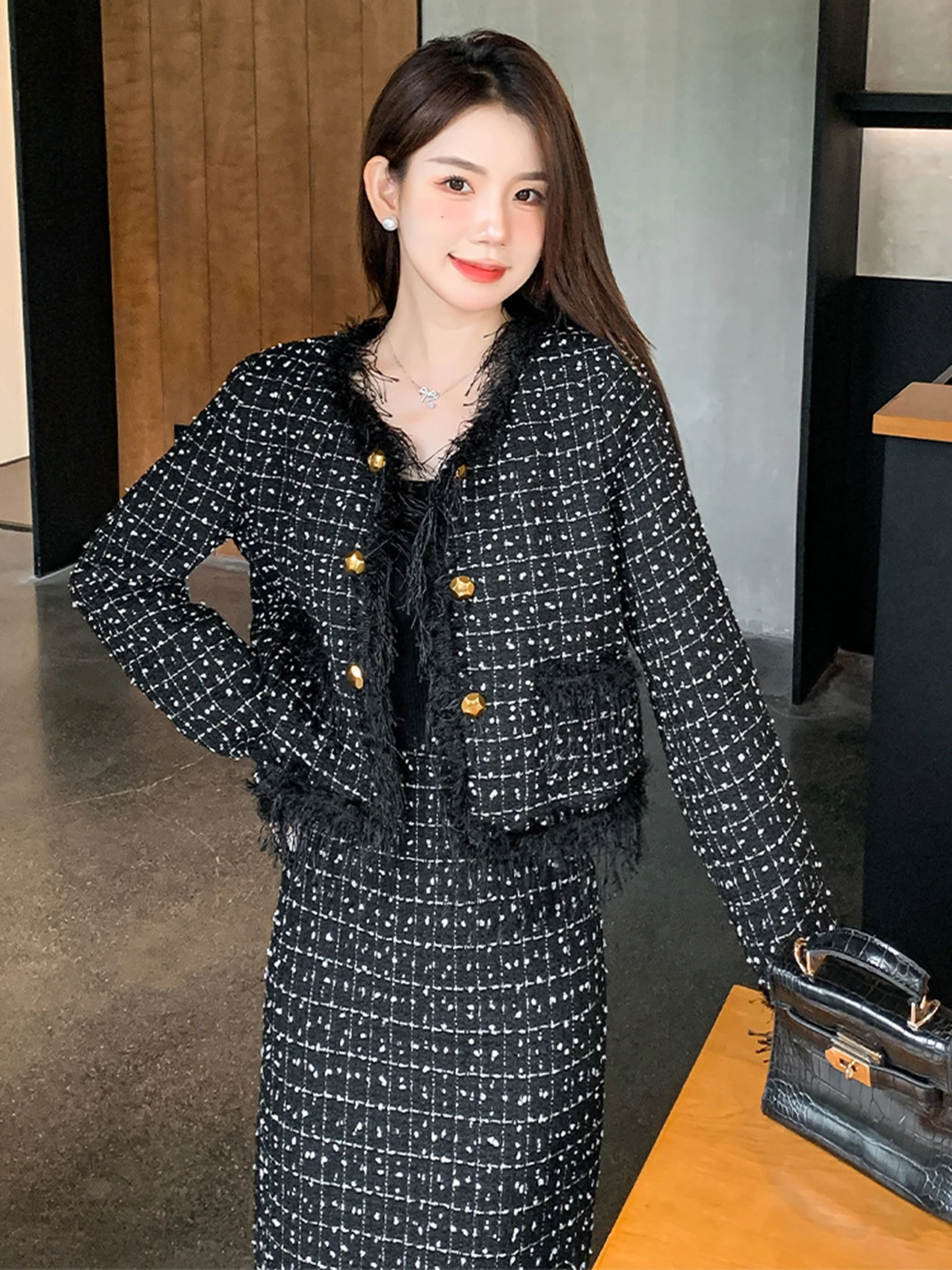 Small Fragrant Tweed Two Piece Set Women Heavy Industry Tassels Design Outfits Short Jackets+Midi Pencil Skirt Spring Autumn New