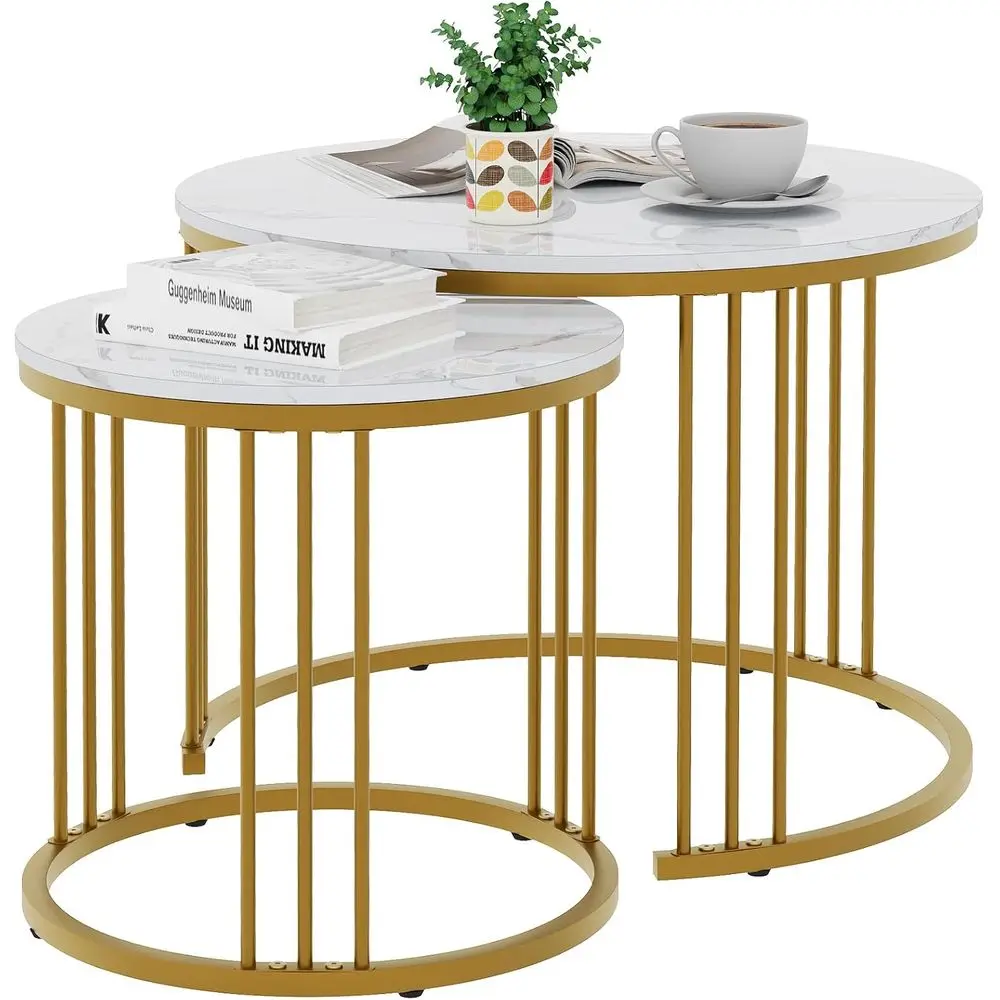 

White & Gold Marble Nesting Tables Set for Living Room, Bedroom, or Dining Area