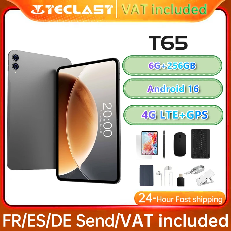 Tablette Teclast T65 13,4 pouces Android 16 Écran 1920x1200 120Hz Processeur T7280 8 cœurs 18 Go de RAM (6 Go + 12 Go) 256 Go de ROM 4G LTE GPS 8000 mAh Type-C