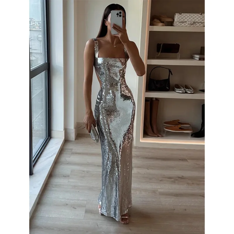 

Women Sexy Backless Sequins Sling Maxi Dresses Elegant High Waist Bodycon Sleeveless Robes Ladies Evening Party Vestidos Robes