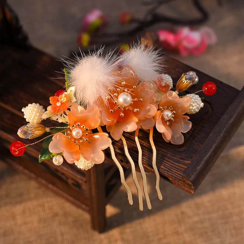 Vintage Floral Hair Comb Tang Dynasty Hairpin For Women Pearl Alloy Tiara Chinese Wedding Hanfu Hair Accessories Classic Jewelry