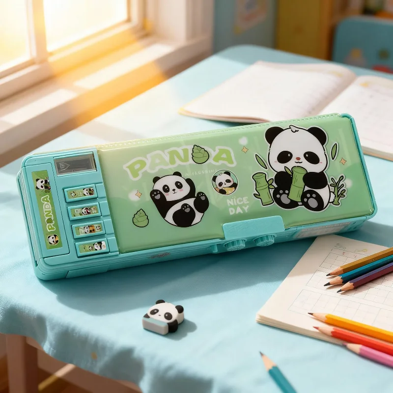 Cute Panda Double Layer Pencil Case with Combination Lock Creative Large Capacity Stationery Box for Kids School Supplies