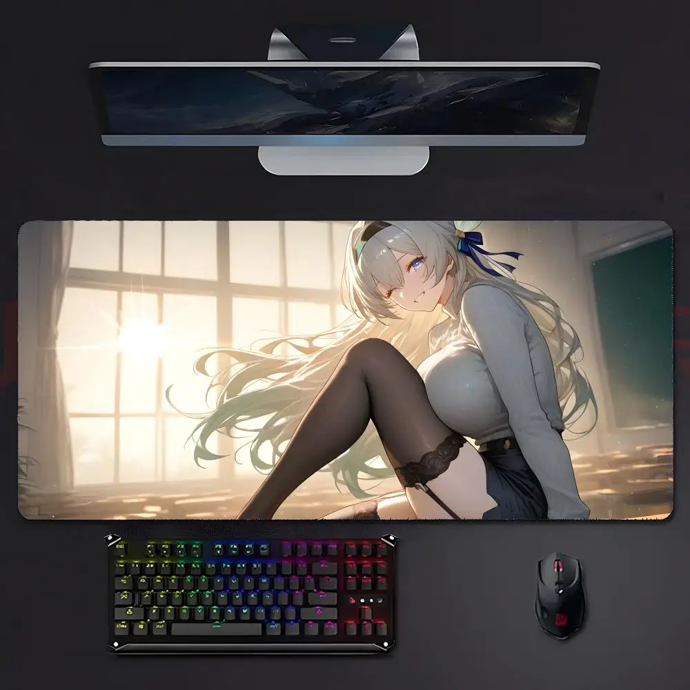 Gaming Mouse Pad, Large Mat, Anti-slip, Stitched Edges, Silver Hair Bride Girl Blue Print, Keyboard Pad for Gaming & Home