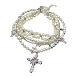 Vintage Pearls Multilayered Strand Choker Necklace with Sturdy Alloy Crosses Pendant Jewelry Accessory for Trendy Women