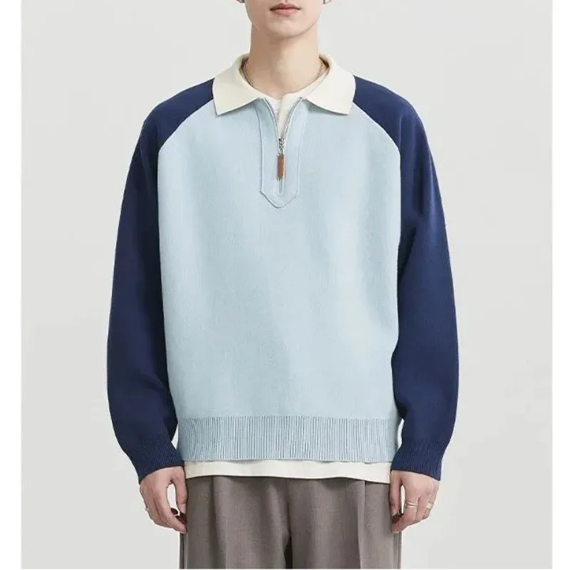 Camisola com zíper jaqueta de malha outono inverno novo estilo bloco de cores pulôver estilo coreano gola casual moda versátil topo
