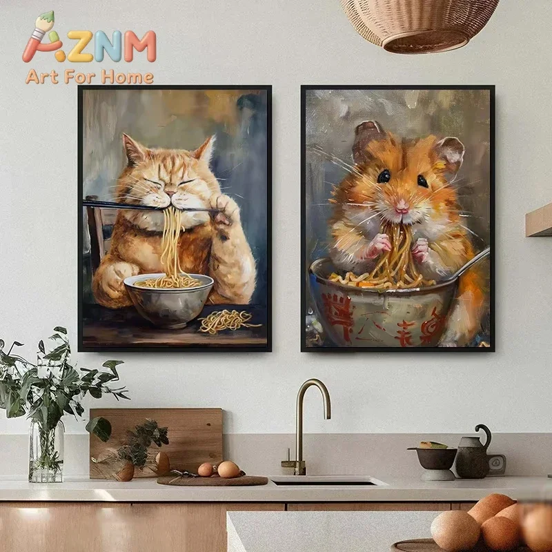 Funny Animals Eating Ramen Poster Printing Raccoon, Hamster, Fox, Cat, Dog, Wolf Canvas Art Home Decor for Bedrooms Dining Room