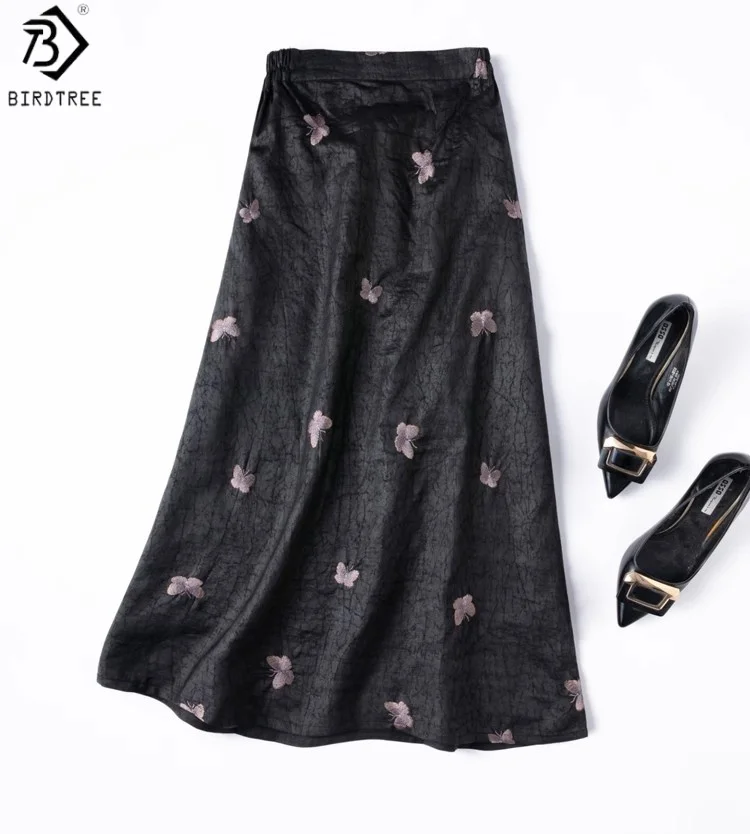 Birdtree Summer 100% Real Silk Skirt, Women Craquelure Embroidery Elastic Waist Elegant Loose Skirt, 2026 New D56413JF
