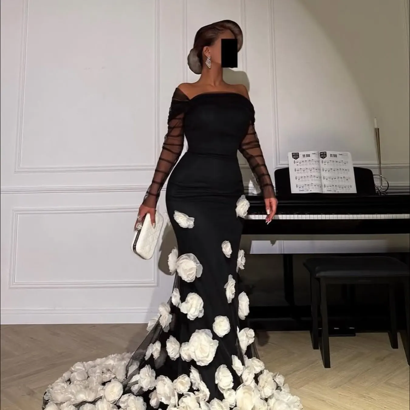 

Лидер продаж, элегантное черное платье русалки с 3D цветочной аппликацией, длинным шлейфом и открытыми плечами, торжественное платье для свадебной вечеринки, красной ковровой дорожки