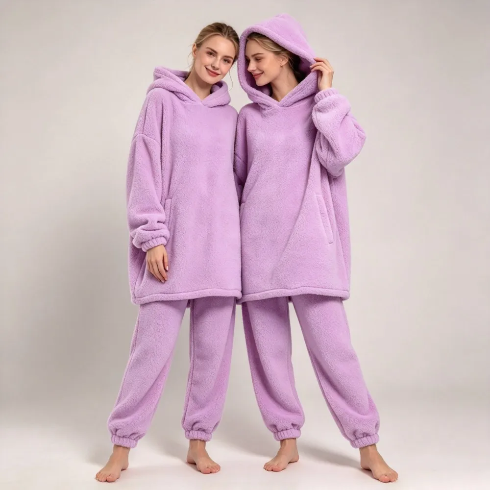 Men Oversized hoodie+Pants 2pcs Pajamas Sets Thick Warm Winter Loungewear Solid Color Adult Flannel Homewear Sleepwear Nightwear