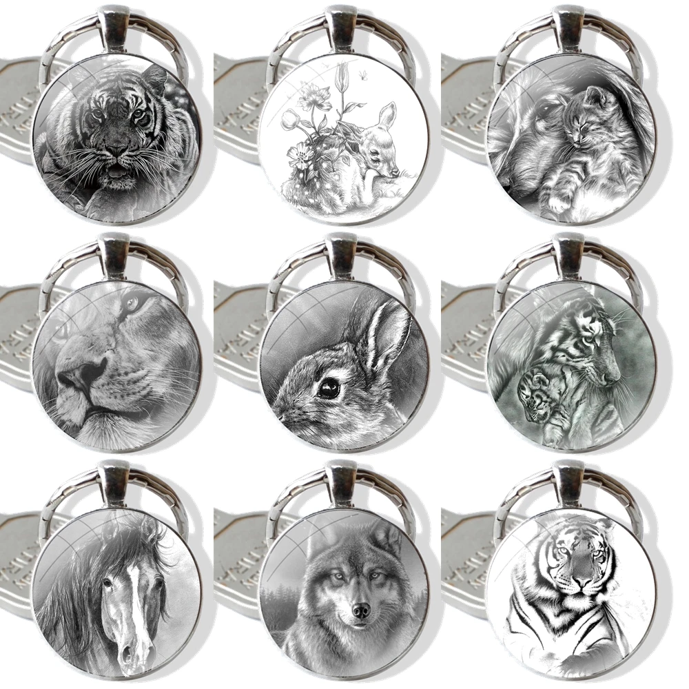 wild animal sketch Glass Metal Pendant Key Chain Classic Men Women Key Ring Accessories Jewelry Gifts