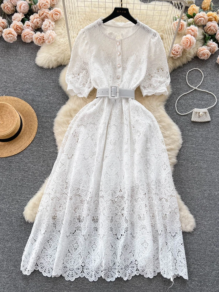 

French White Dress Women Clothing Summer Lace Embroidered Robe with Belt Long Dress Streetwear