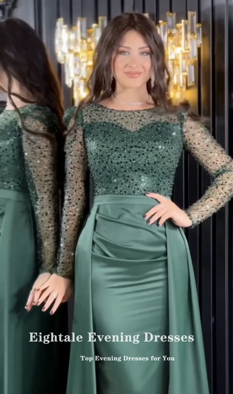 Eightale Evening Dresses with Detachable Skirt Dark Green Long Sleeves Customized Mermaid Party Prom Gown Vestidos De Noche