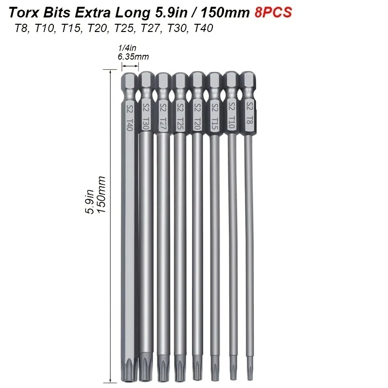 Magnetisches Torx-Schraubendreher-Set, 150 mm, extra lang, sicher, manipulationssicher, Sternbohrer, Schraubendreherspitzen, Sechskant 1/4 für Drehwerkzeug