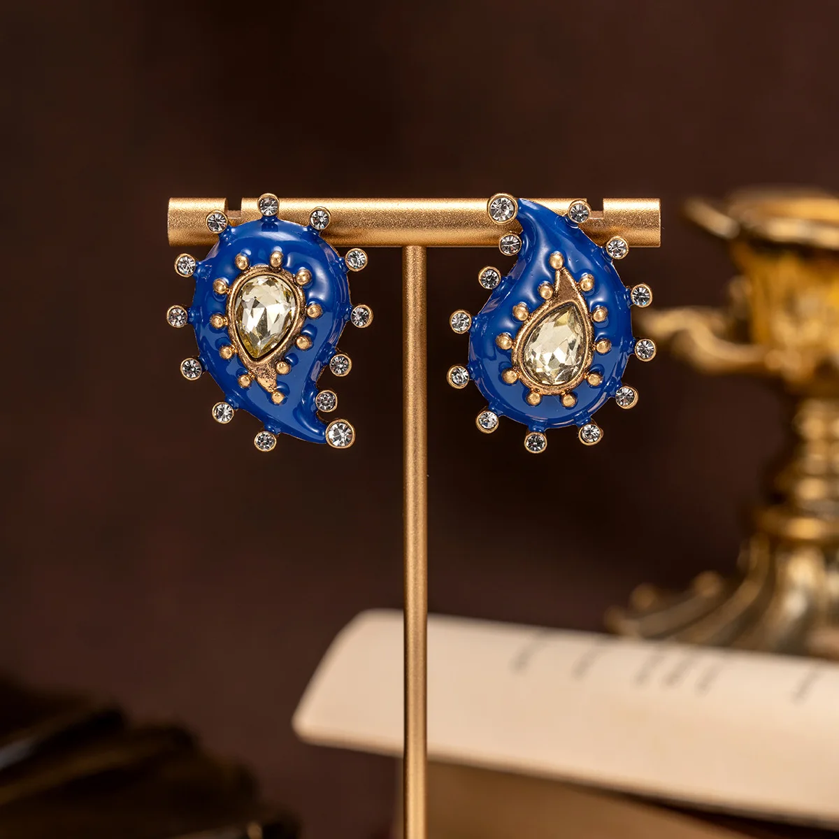Medieval Vintage Enamel Water Drop Earrings with Rhinestones, Temperament Versatile and High-end Earrings for Women