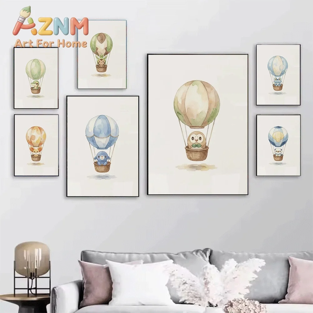 2D Flat Posters & Prints,Scorbunny Hot Air Balloon Watercolor Canvas Wall Art,2D Flat Frameless Anime Monster Print,Home Decor