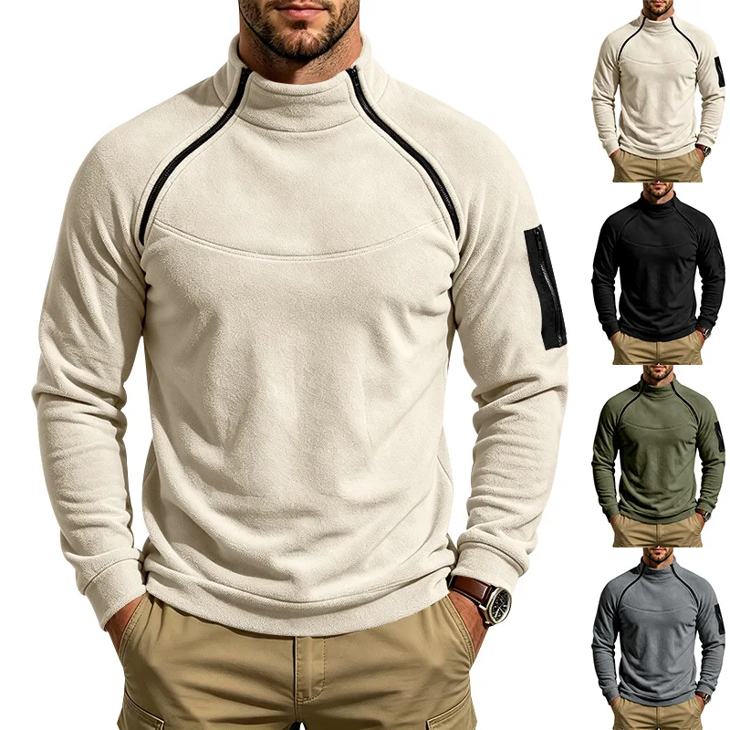 Men's Autumn Winter Heavy‑Duty Fleece Sweatshirt, Stand Collar Dual‑Zipper Loose Warm Outdoor Hiking Casual Jacket