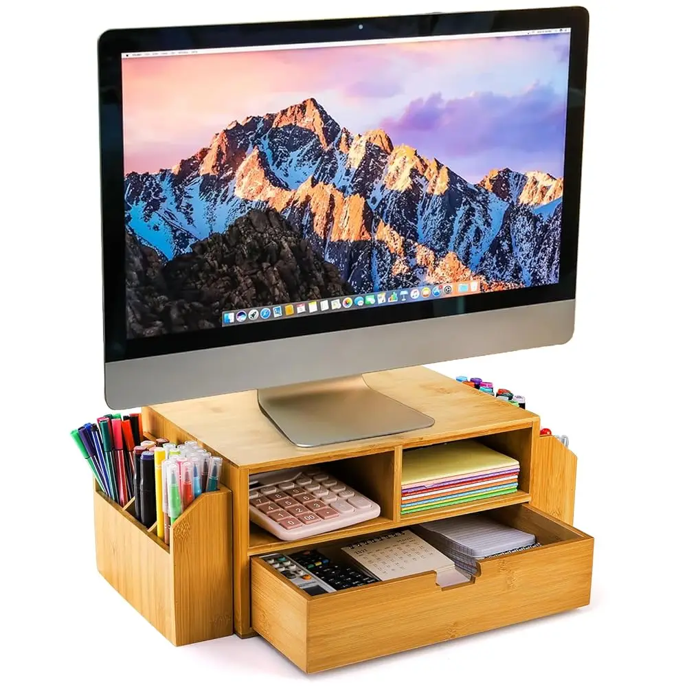 

Двухуровневый бамбуковый настольный органайзер, подставка для монитора с 1 ящиком и 2 держателями для ручек, 2-секционный органайзер для компьютерного стола