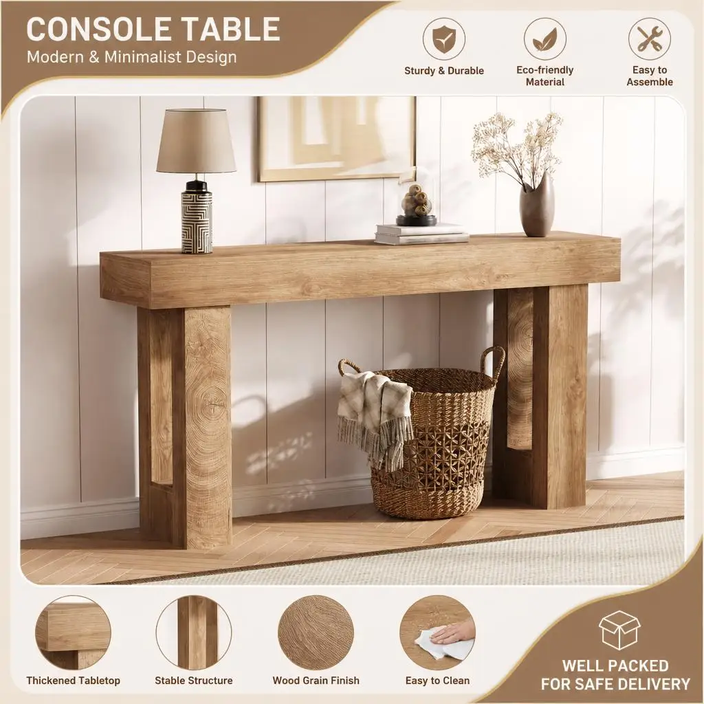 Farmhouse Console Table for Living Room - 63 Inch Long Wooden Sofa Table - Rustic Modern Entryway Furniture - Easy Assembly - Ideal Behind Couch or Hallway Table - Wood Color