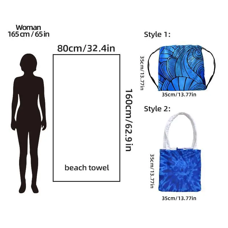 Wave Print Microfiber Beach Towel & Bag 2 in 1,  Sand Proof Fast Drying Absorbent Bath Towel for Home Summer Vacation Pool Party