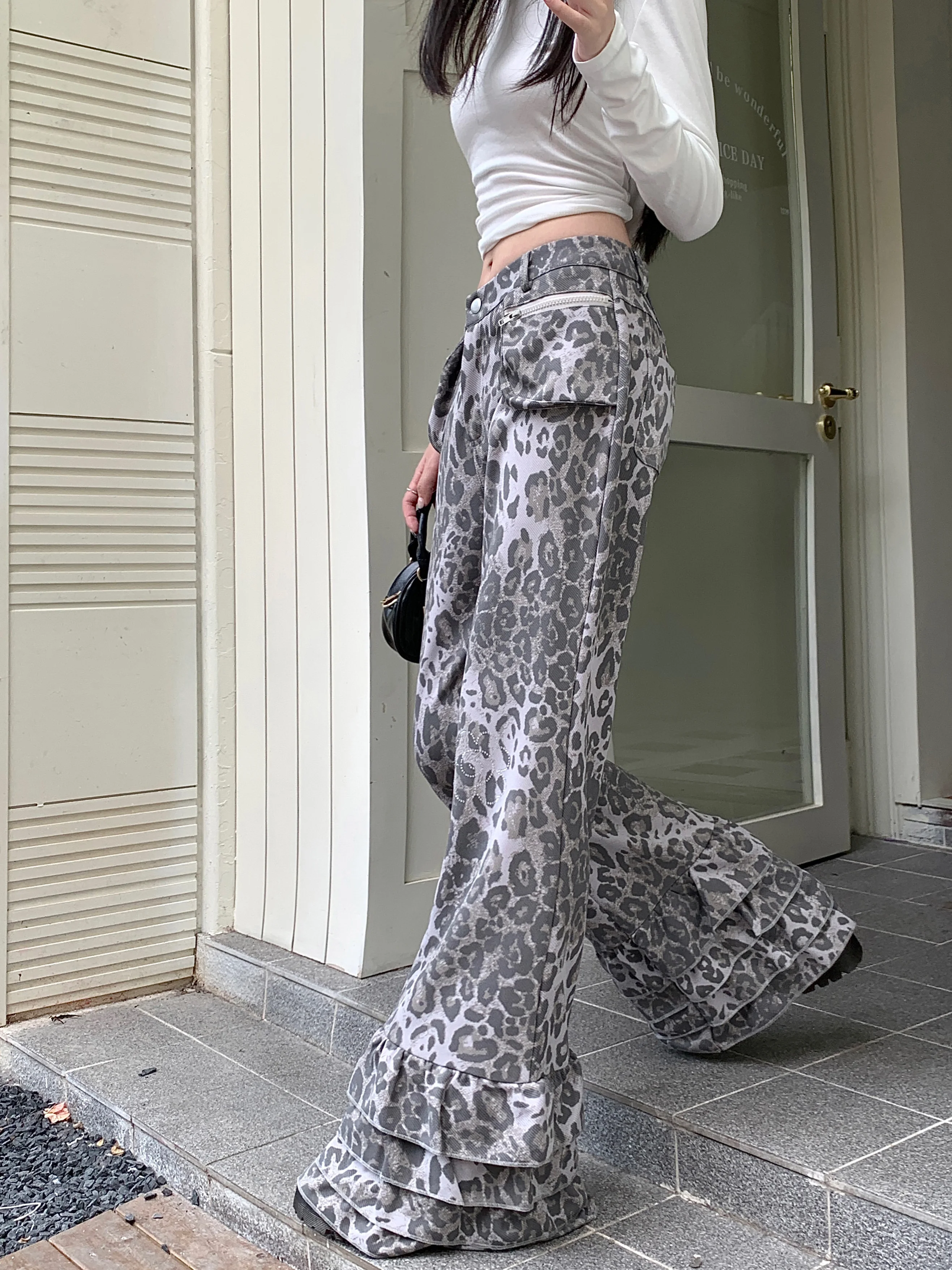 Women Goblin Core Leopard Print Long Trousers Gyaru Pants Y2K Japanese Harajuku Low Rise Dark Academia Bell-Bottom Grunge Kpop