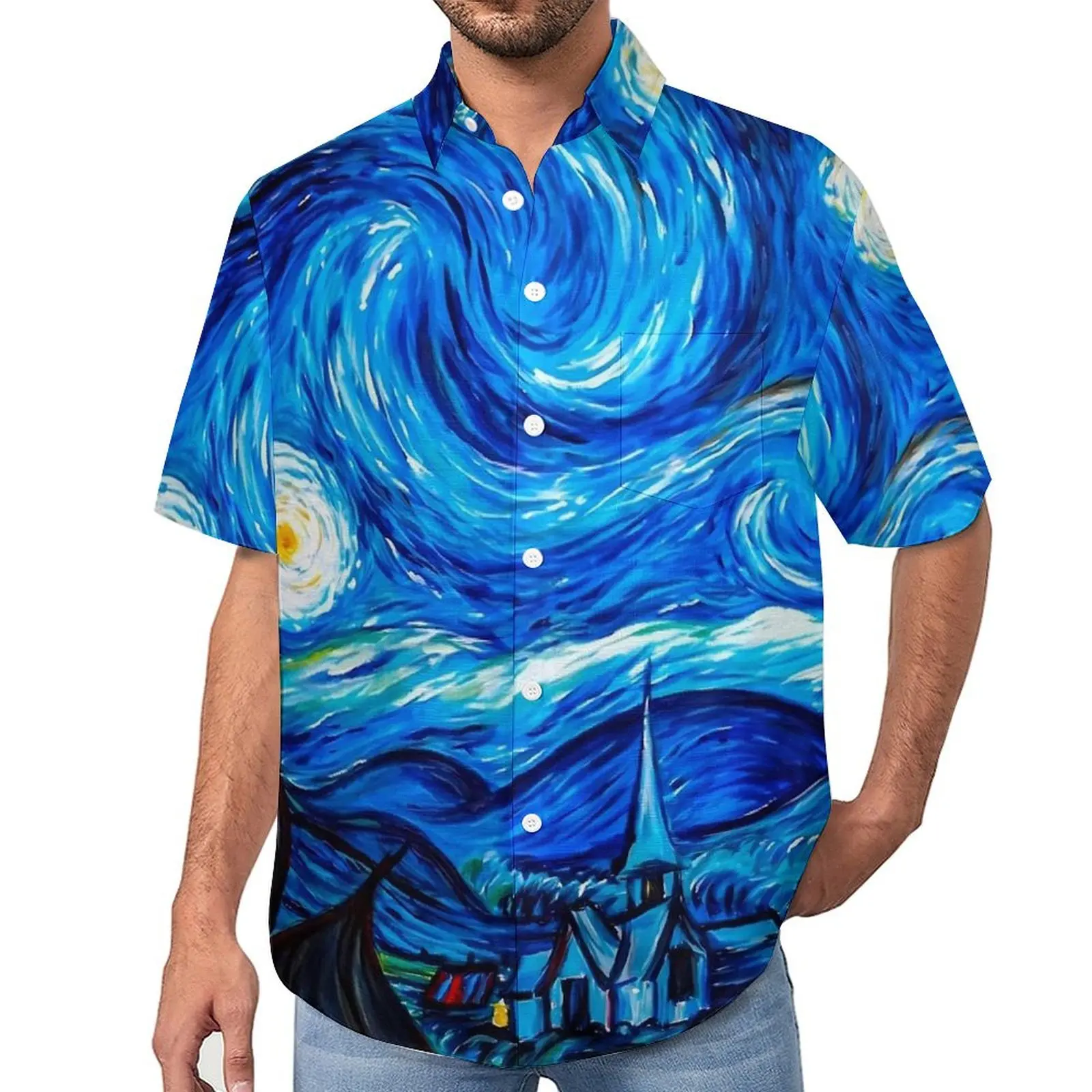 Classic Starry Night Beach Shirt Vincent Van Gogh Summer Casual Shirts Men Stylish Blouses Short Sleeve Graphic Tops Plus Size