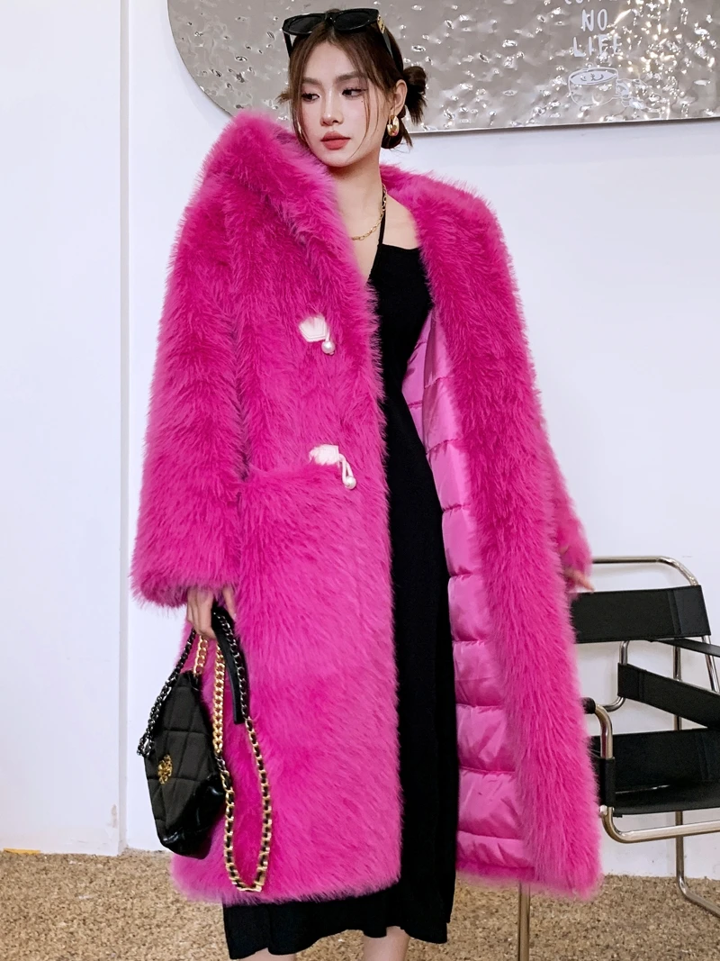 

winter Rose Red Environmental Protection Fur Long Loose Hooded Fur Coat Women's Lamb Hair Pocket Coat with Thick Cotton 2024