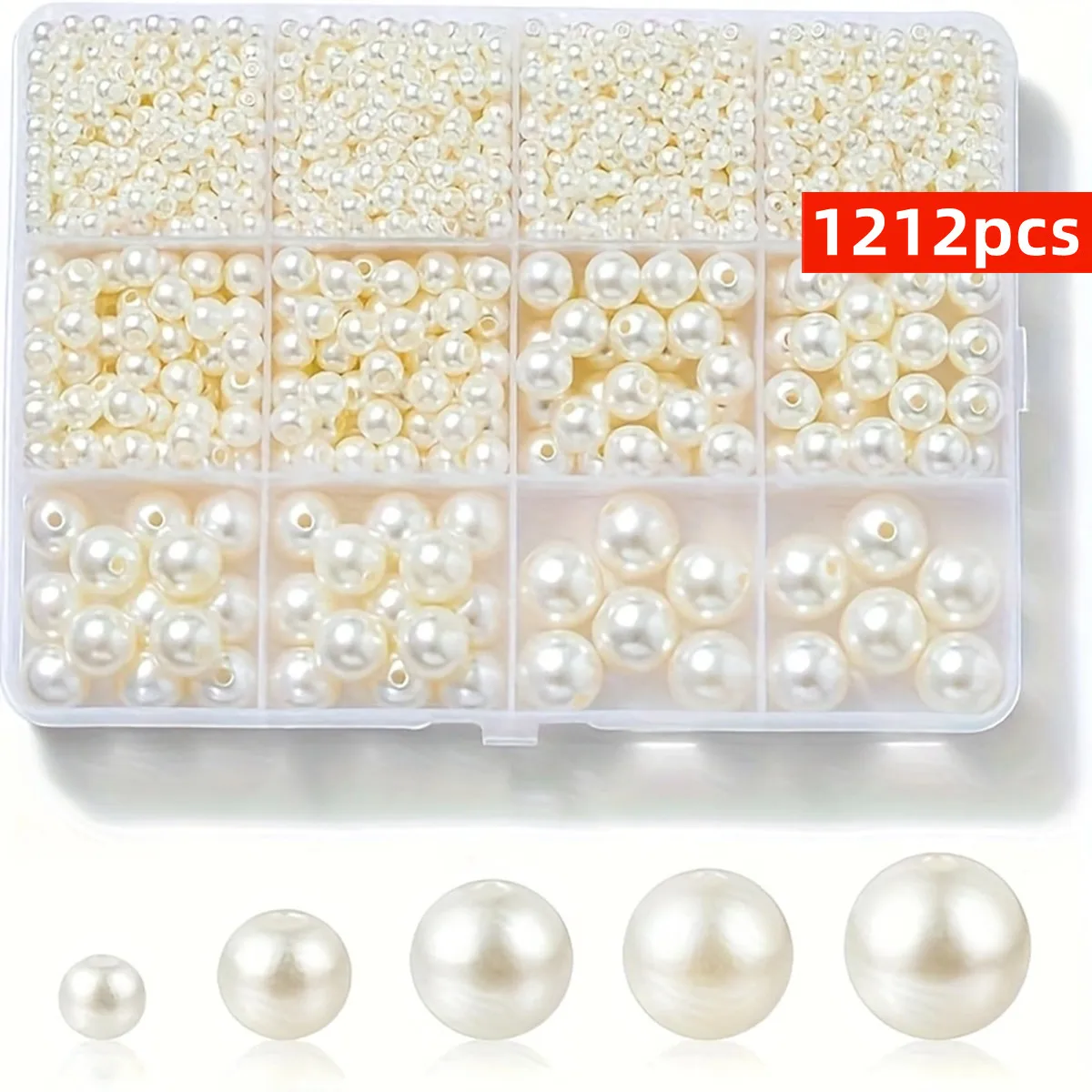1212pcs 4/6/8/10/12mm Pearls for DIY Making, 5 Sizes of Round Pearls Making Kit, Small Pearls, Filler Beads, with Holes